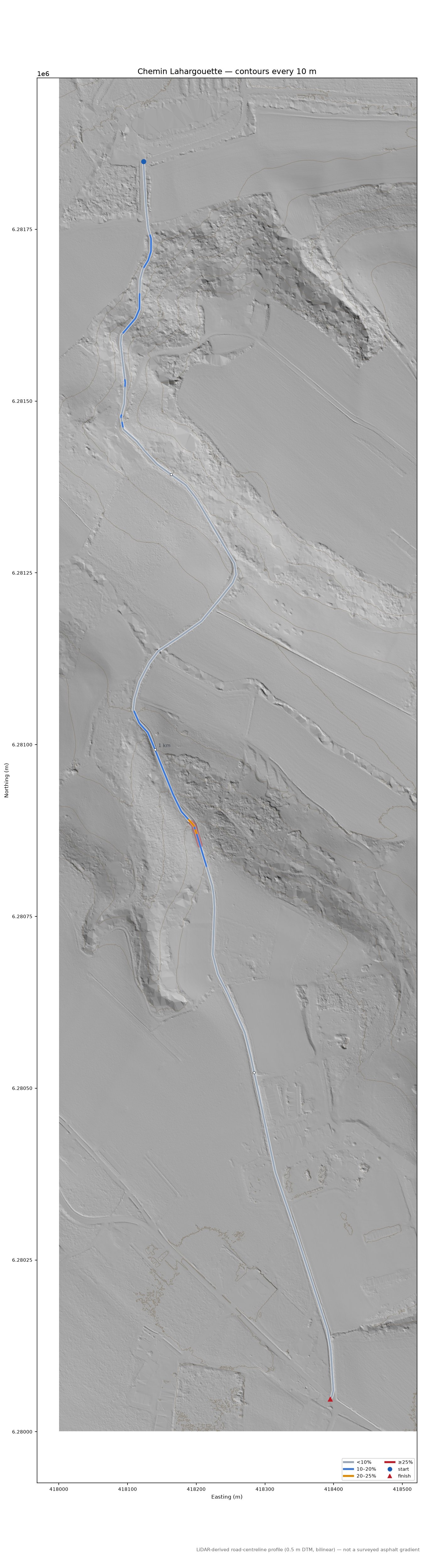 Chemin Lahargouette LiDAR hillshade map with contours