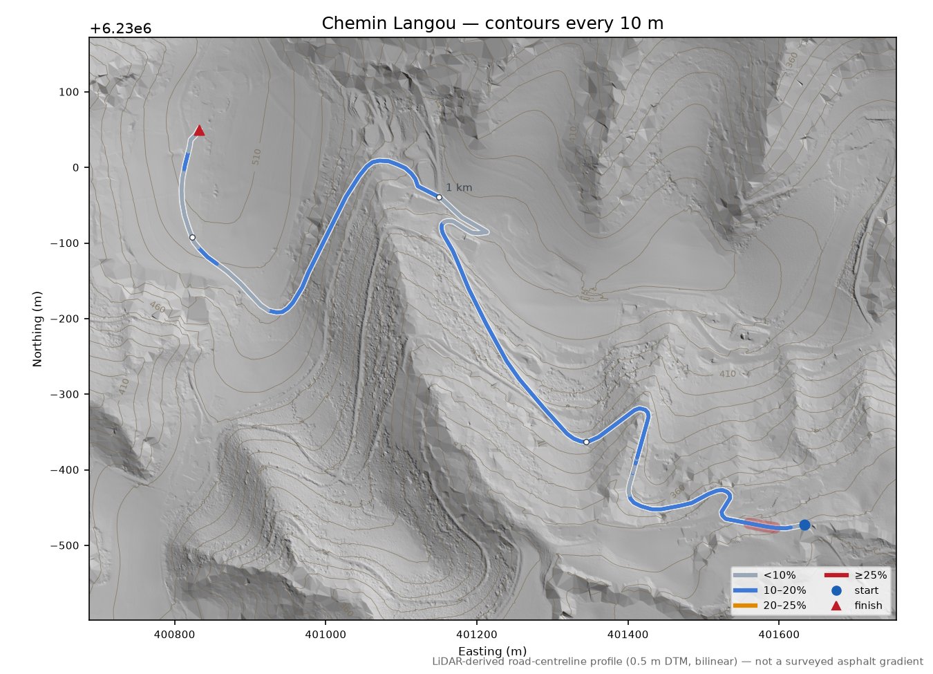 Chemin Langou LiDAR hillshade map with contours