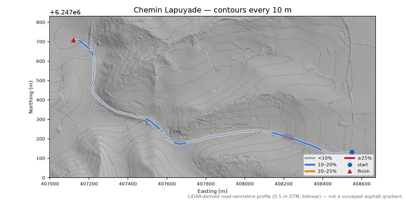 Chemin Lapuyade LiDAR hillshade map with contours