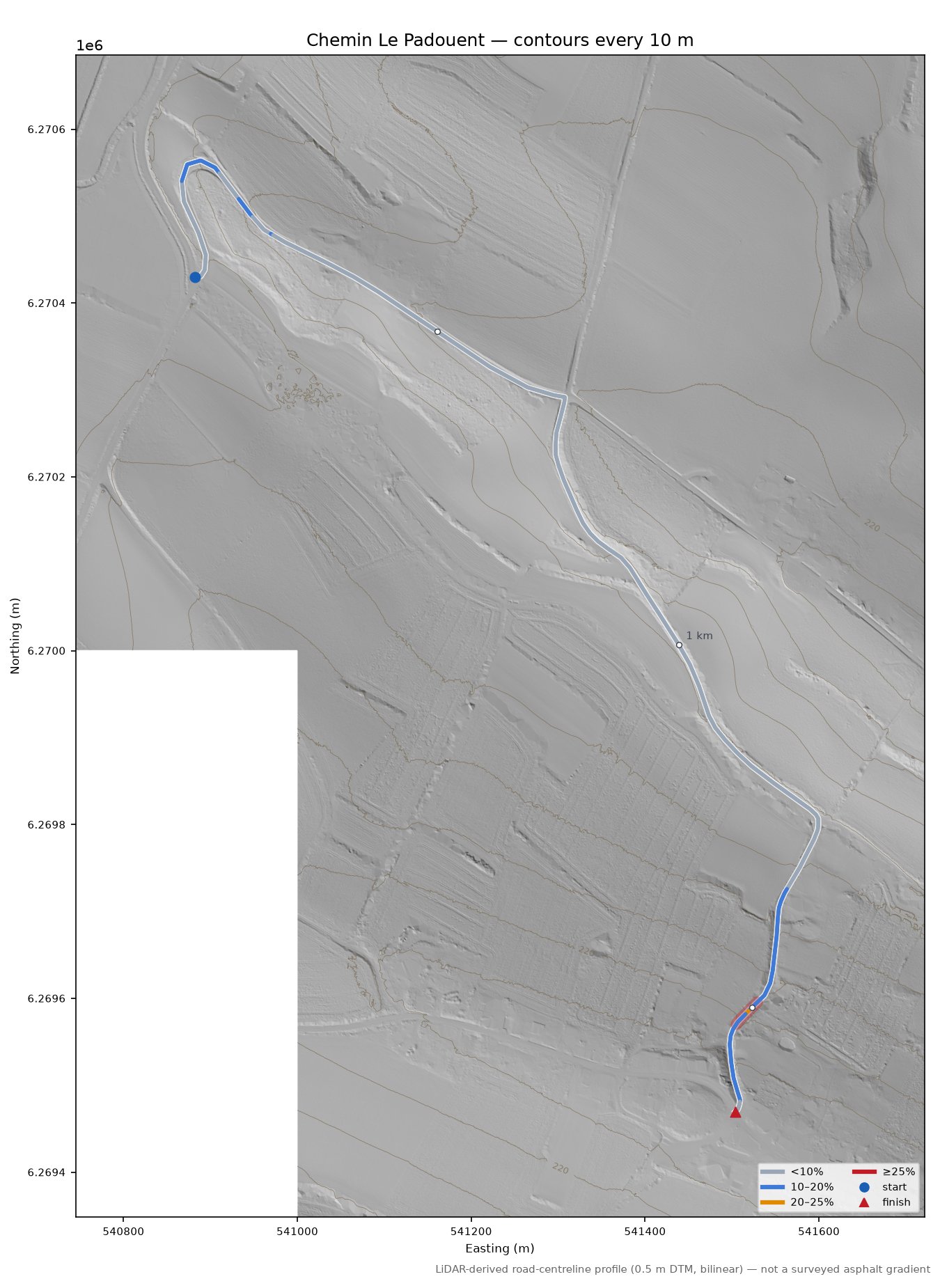 Chemin Le Padouent LiDAR hillshade map with contours