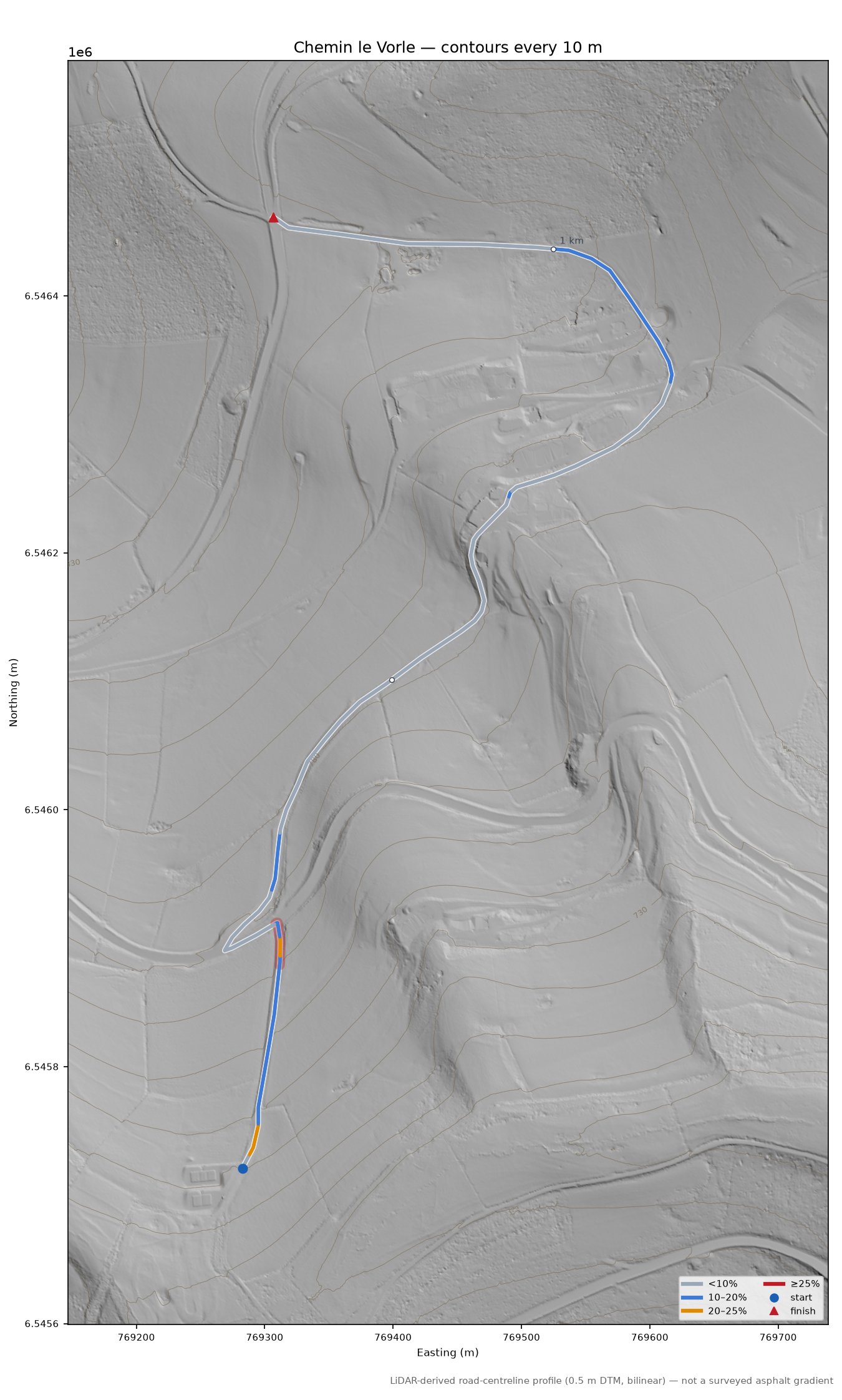 Chemin le Vorle LiDAR hillshade map with contours