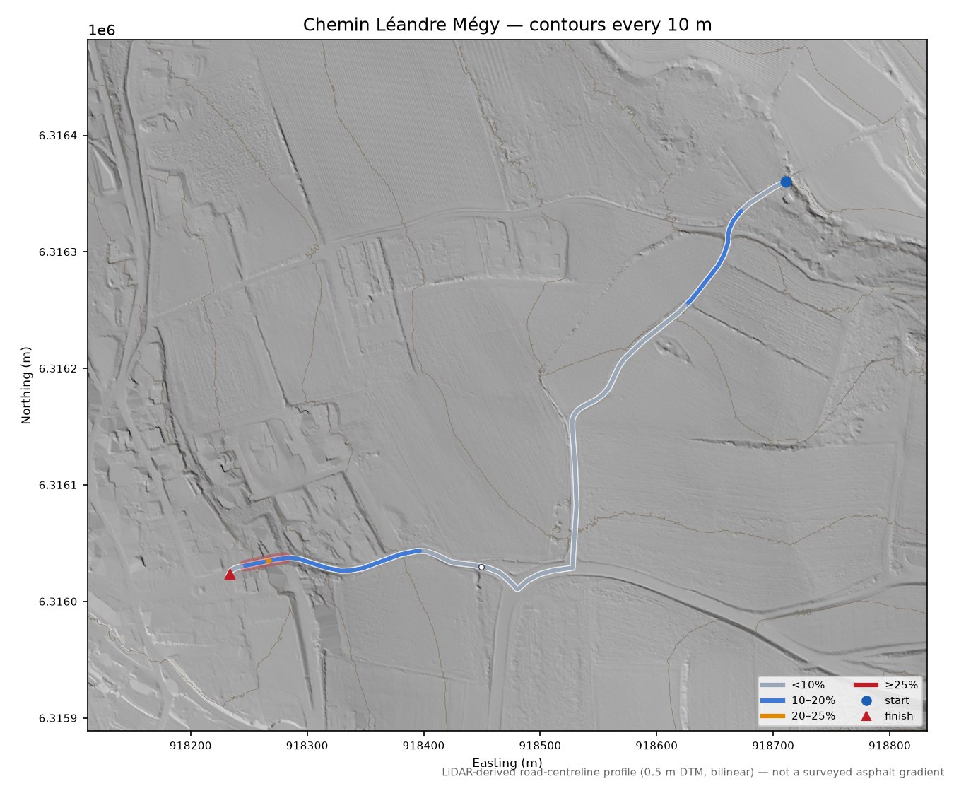 Chemin Léandre Mégy LiDAR hillshade map with contours