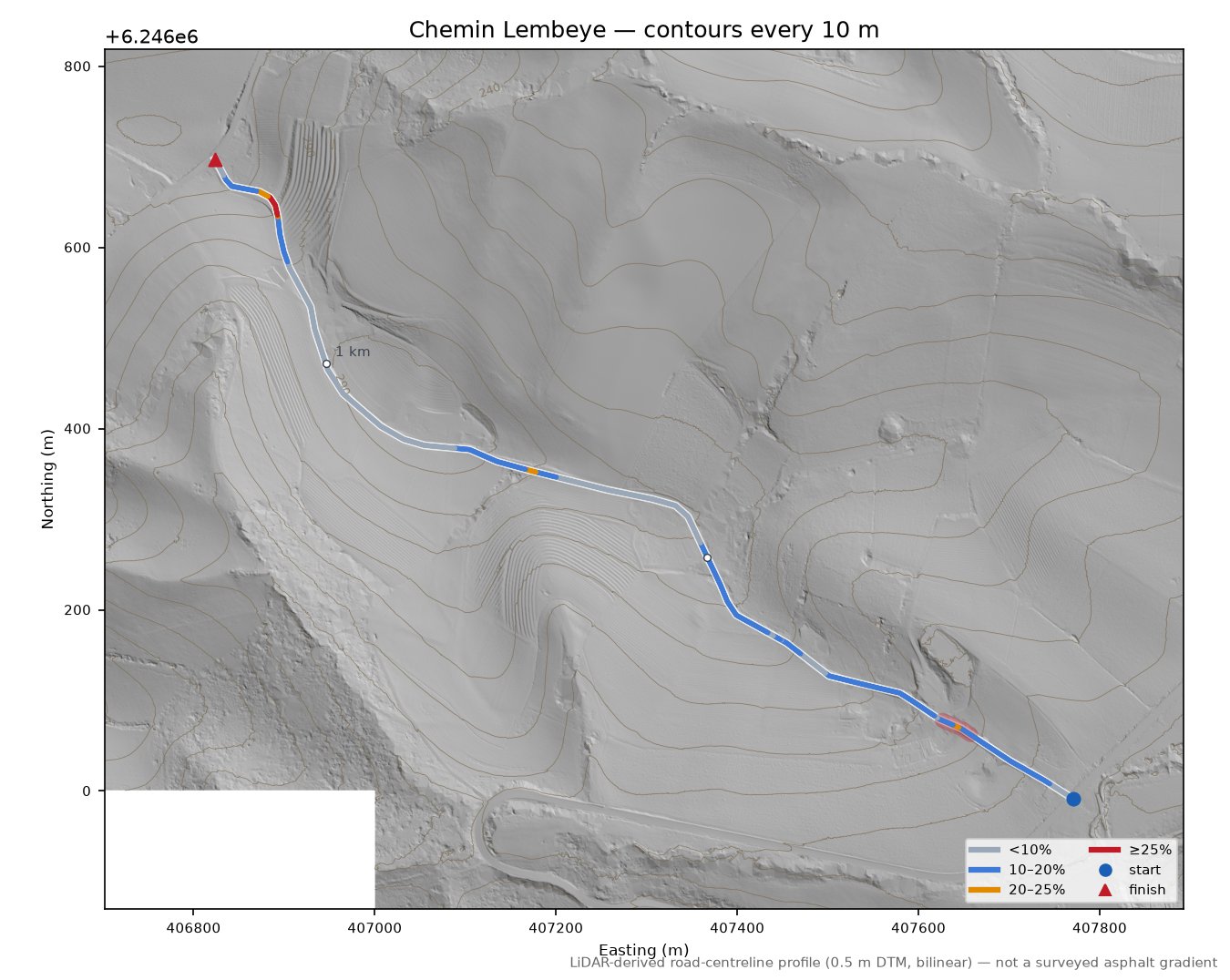 Chemin Lembeye LiDAR hillshade map with contours