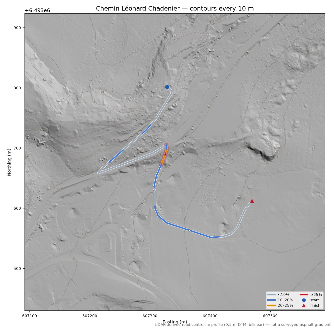 Chemin Léonard Chadenier LiDAR hillshade map with contours