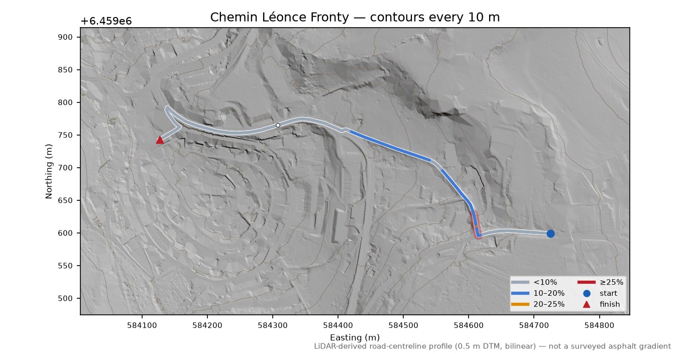 Chemin Léonce Fronty LiDAR hillshade map with contours