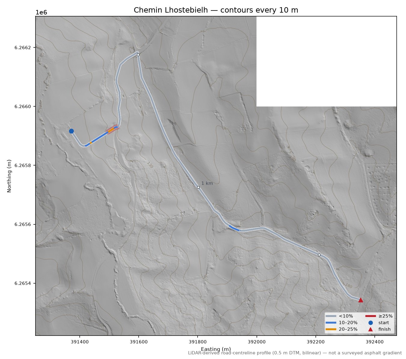 Chemin Lhostebielh LiDAR hillshade map with contours