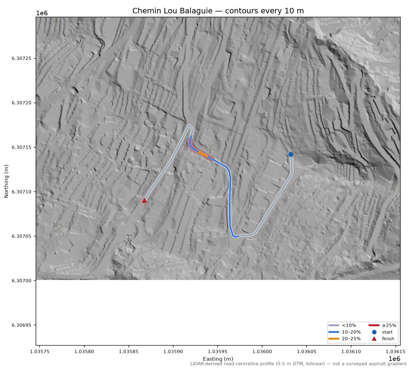 Chemin Lou Balaguie LiDAR hillshade map with contours