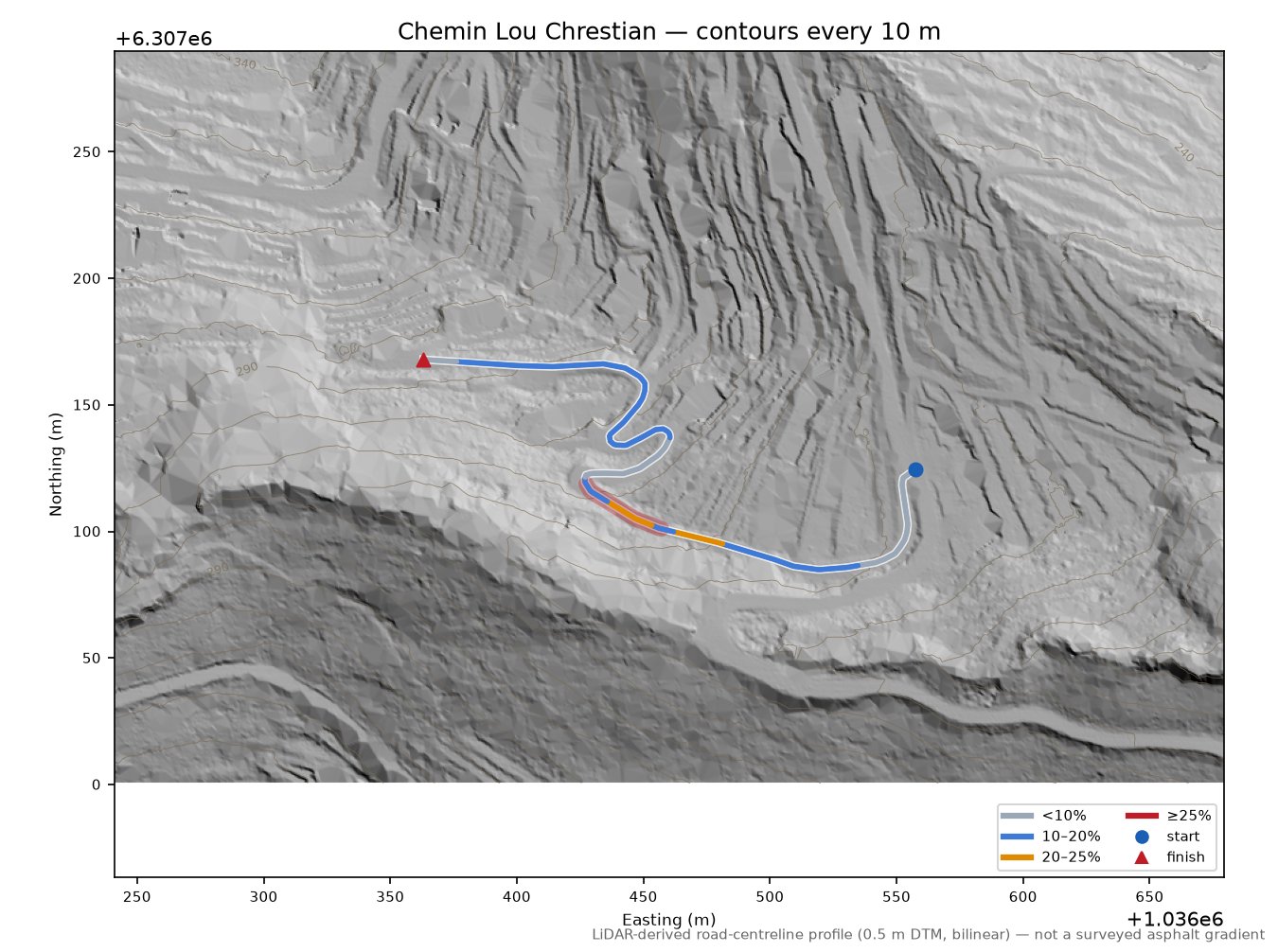 Chemin Lou Chrestian LiDAR hillshade map with contours