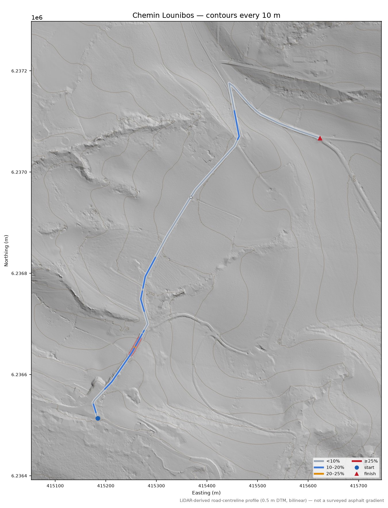 Chemin Lounibos LiDAR hillshade map with contours