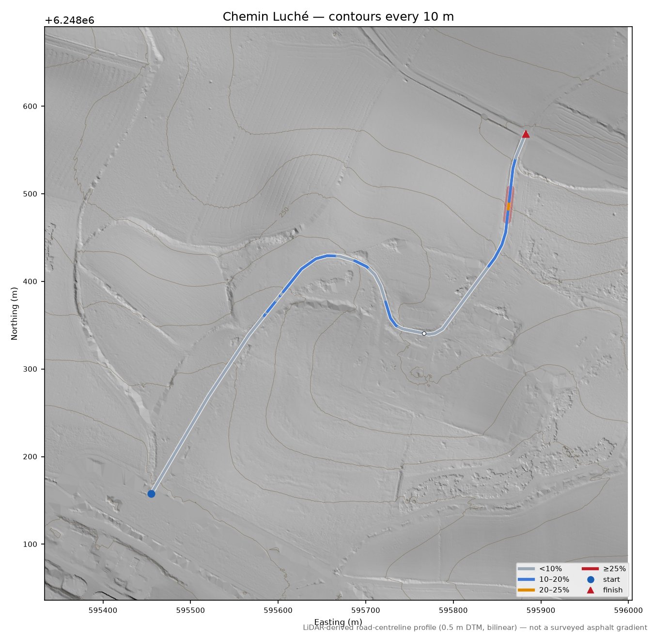 Chemin Luché LiDAR hillshade map with contours