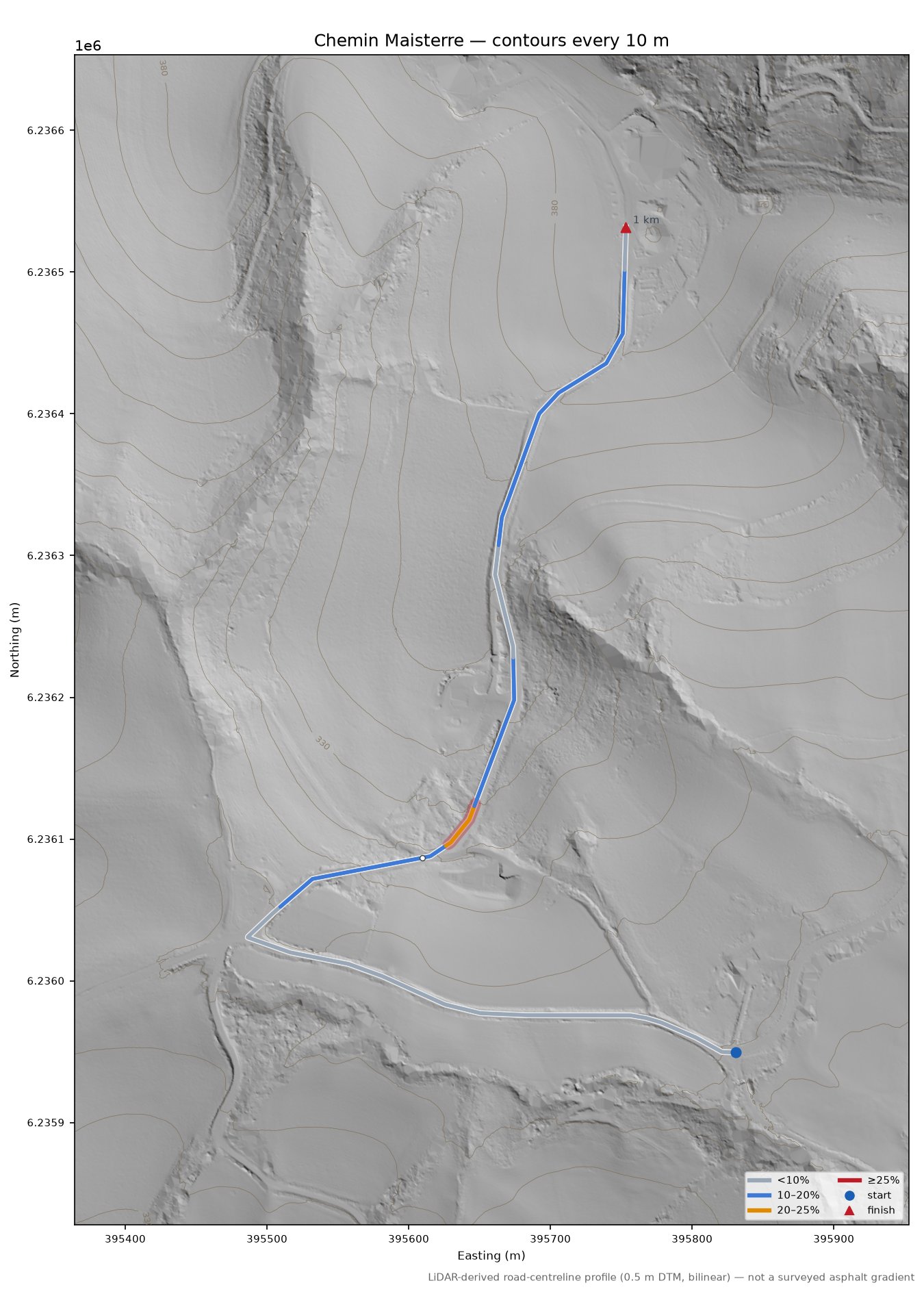 Chemin Maisterre LiDAR hillshade map with contours