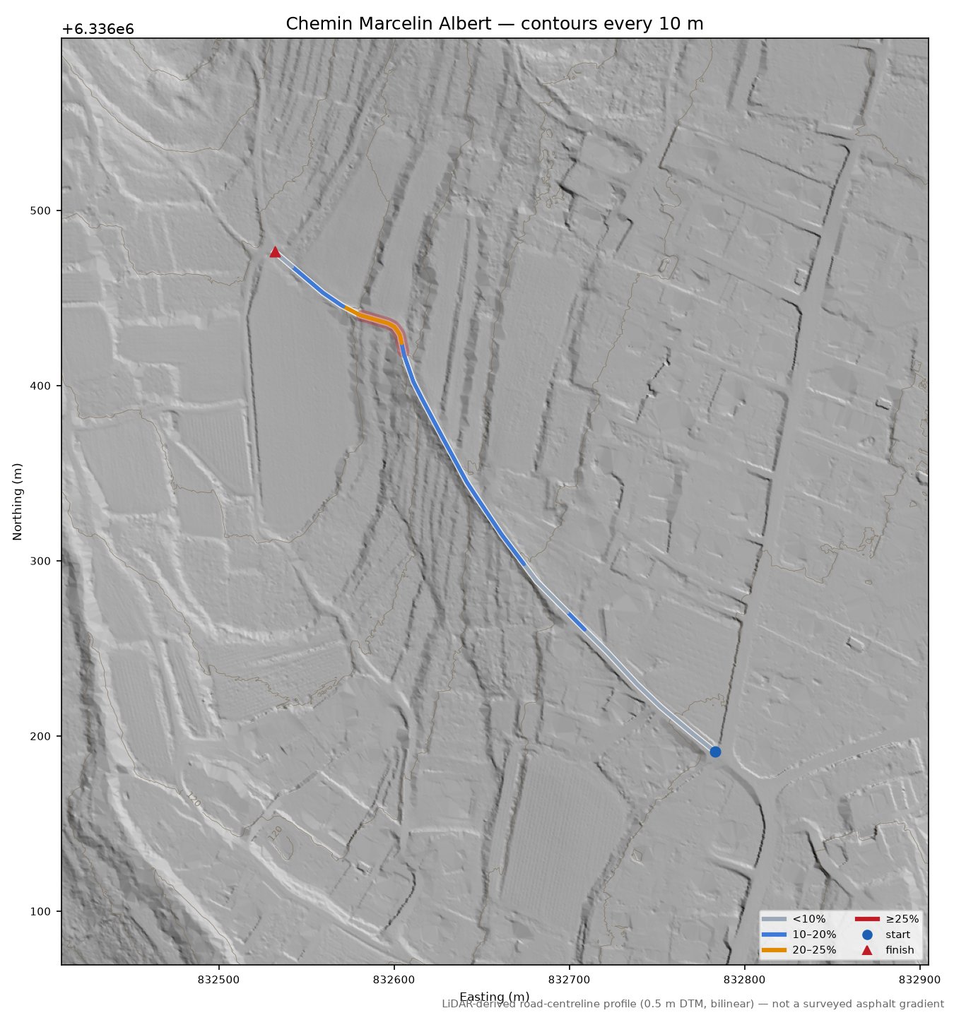 Chemin Marcelin Albert LiDAR hillshade map with contours