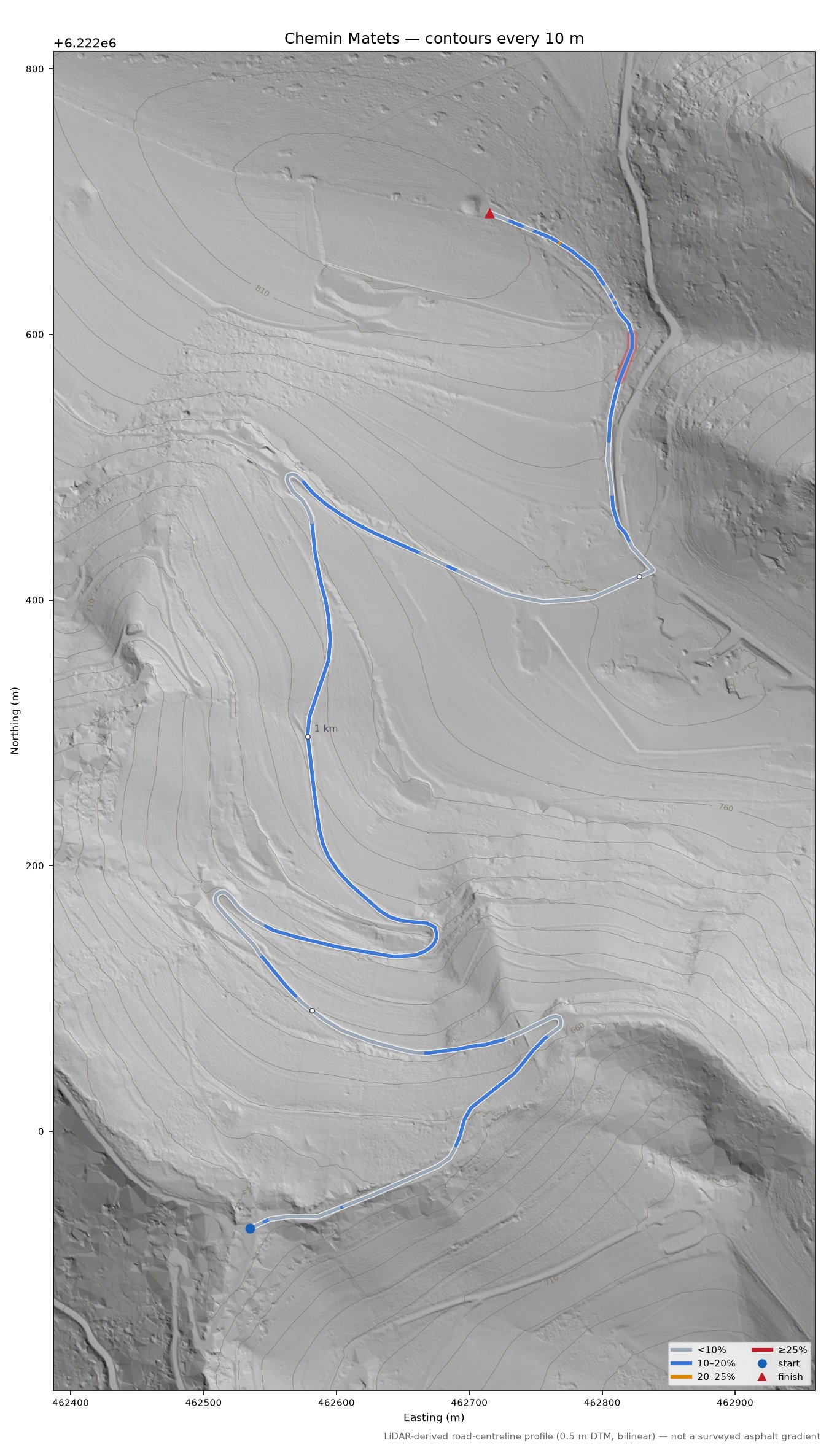 Chemin Matets LiDAR hillshade map with contours