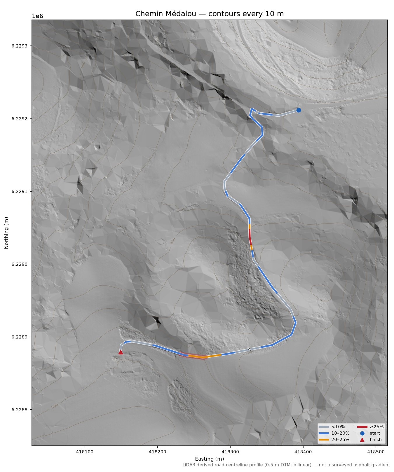 Chemin Médalou LiDAR hillshade map with contours
