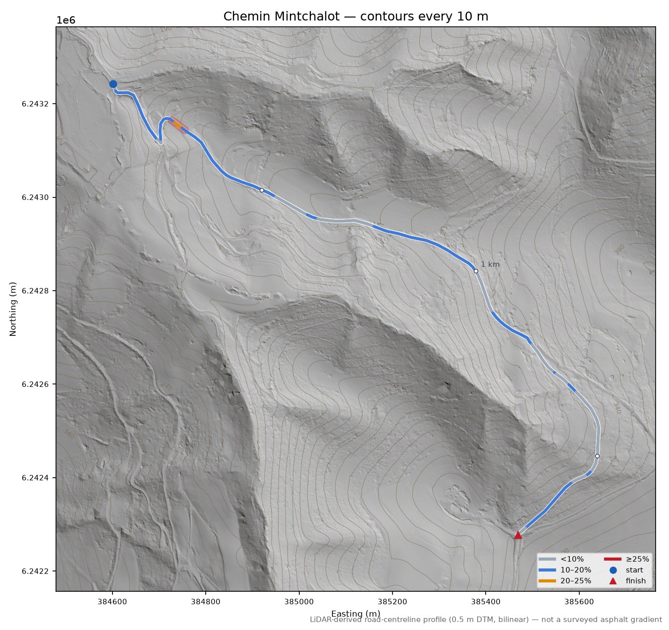 Chemin Mintchalot LiDAR hillshade map with contours