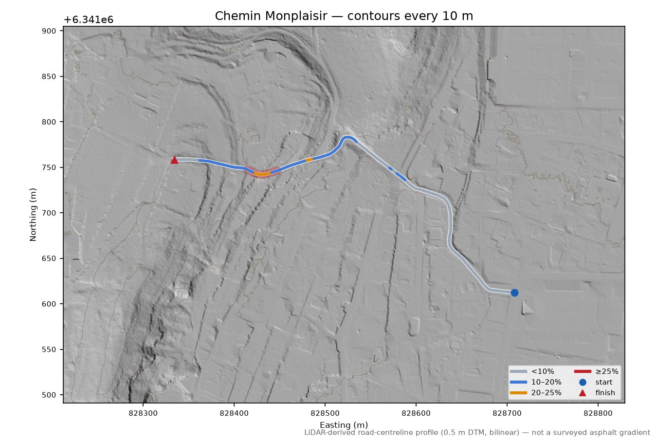 Chemin Monplaisir LiDAR hillshade map with contours