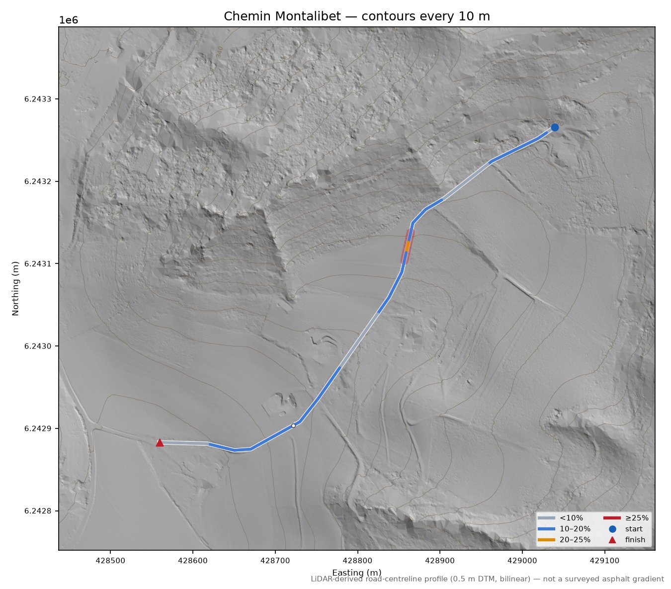 Chemin Montalibet LiDAR hillshade map with contours