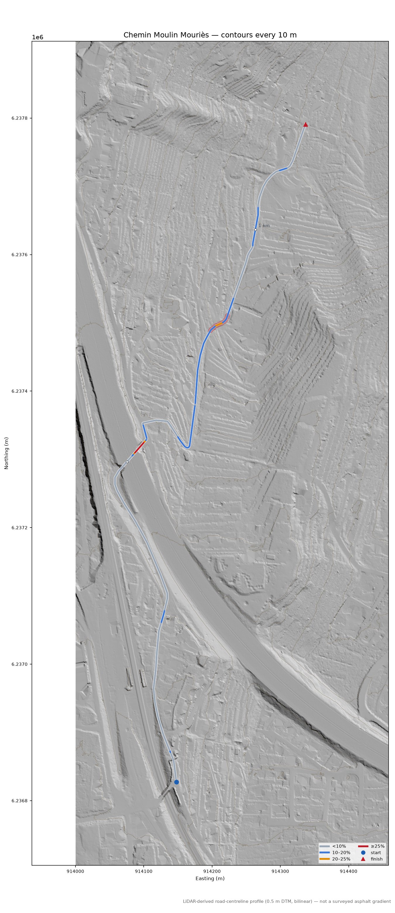 Chemin Moulin Mouriès LiDAR hillshade map with contours