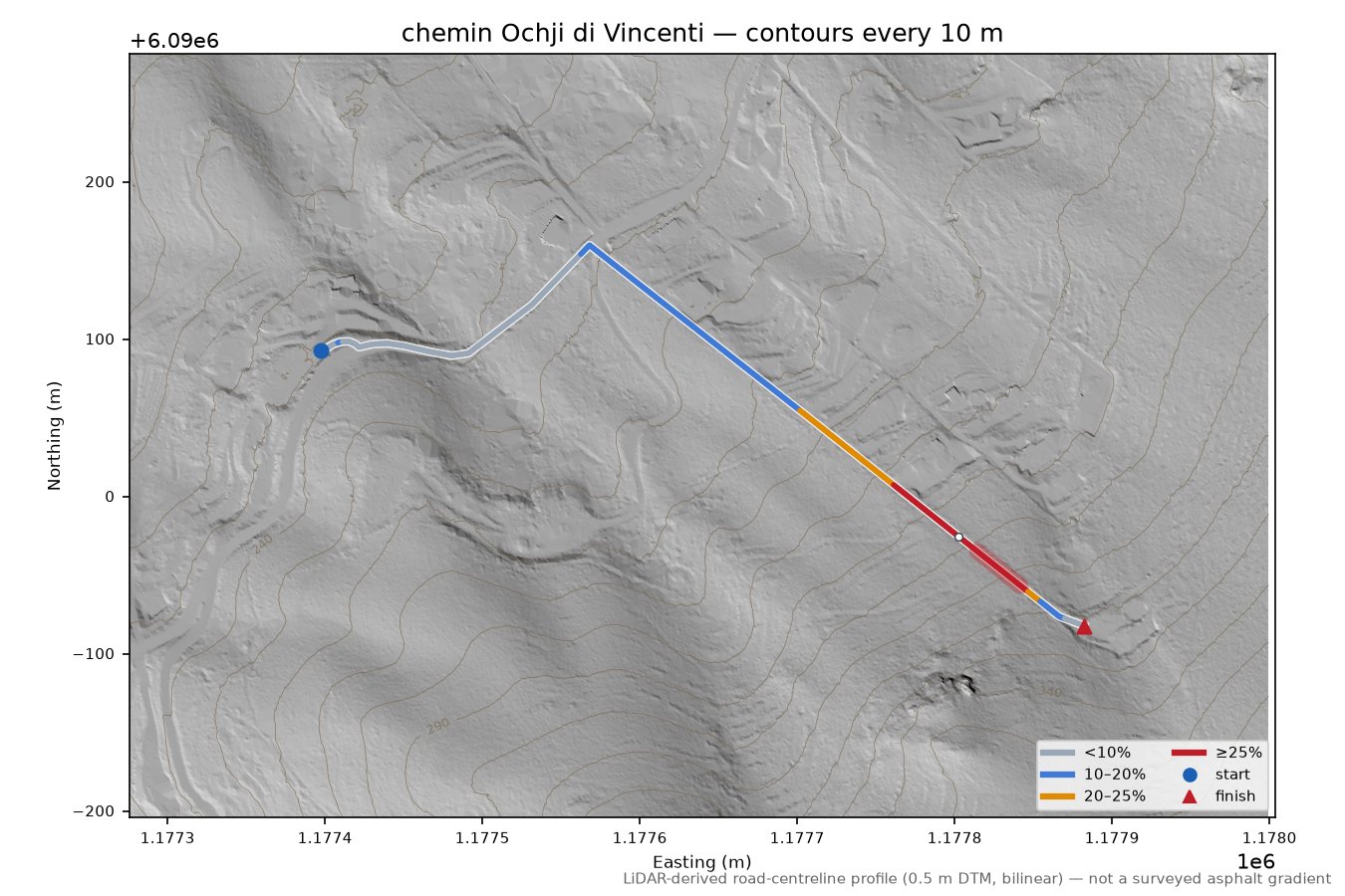 chemin Ochji di Vincenti LiDAR hillshade map with contours