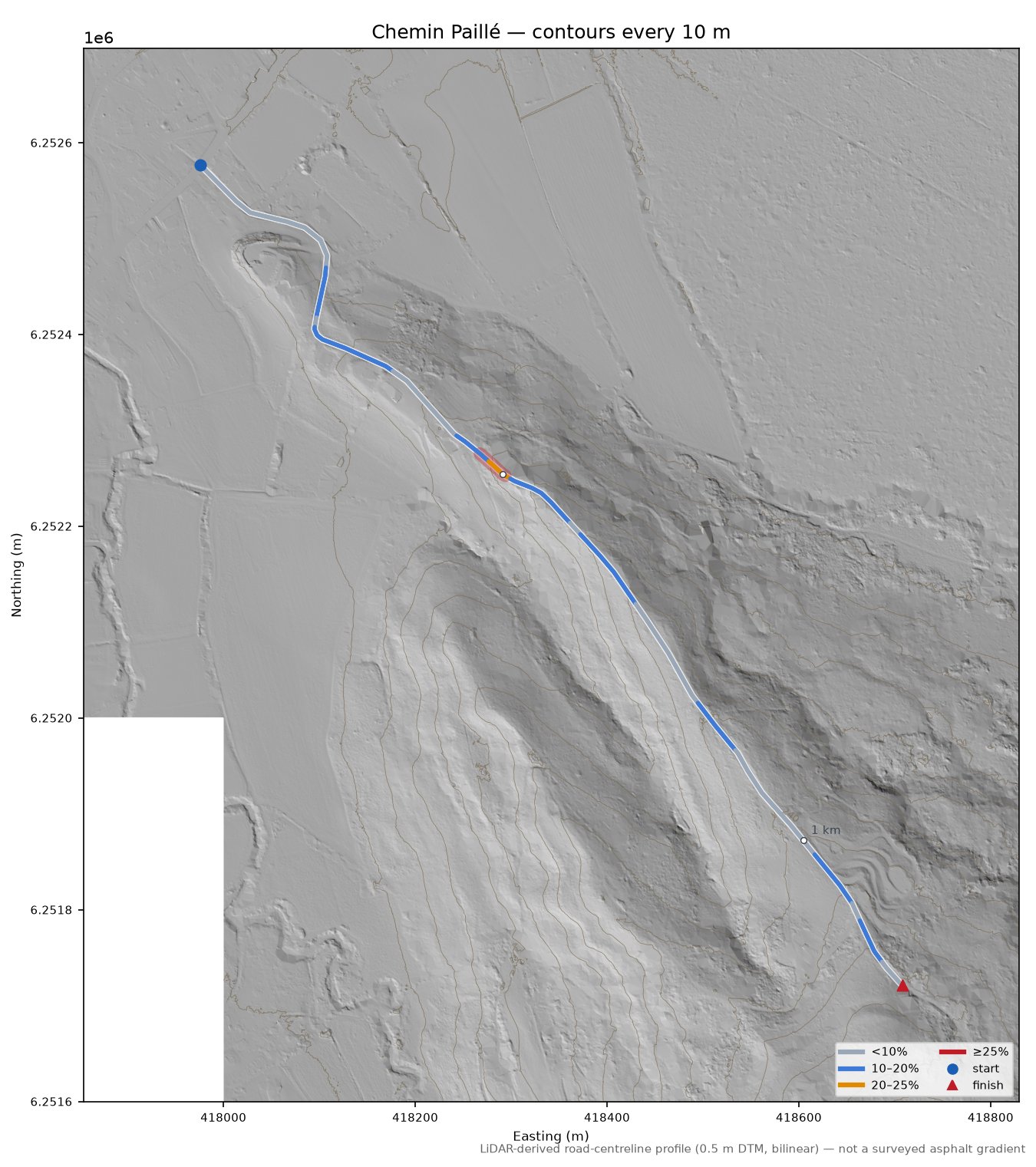 Chemin Paillé LiDAR hillshade map with contours