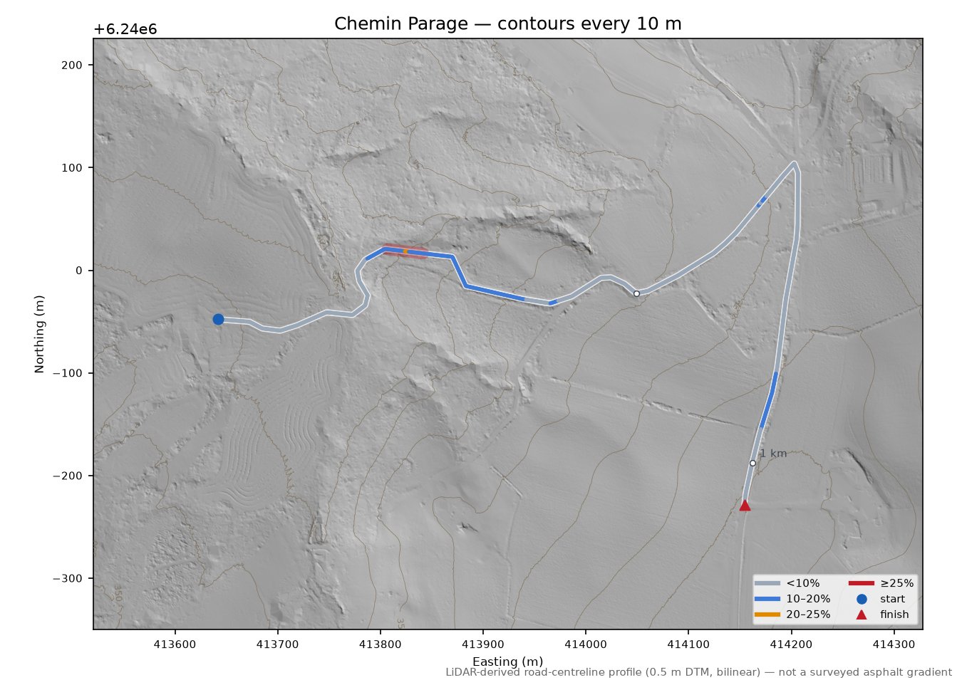 Chemin Parage LiDAR hillshade map with contours