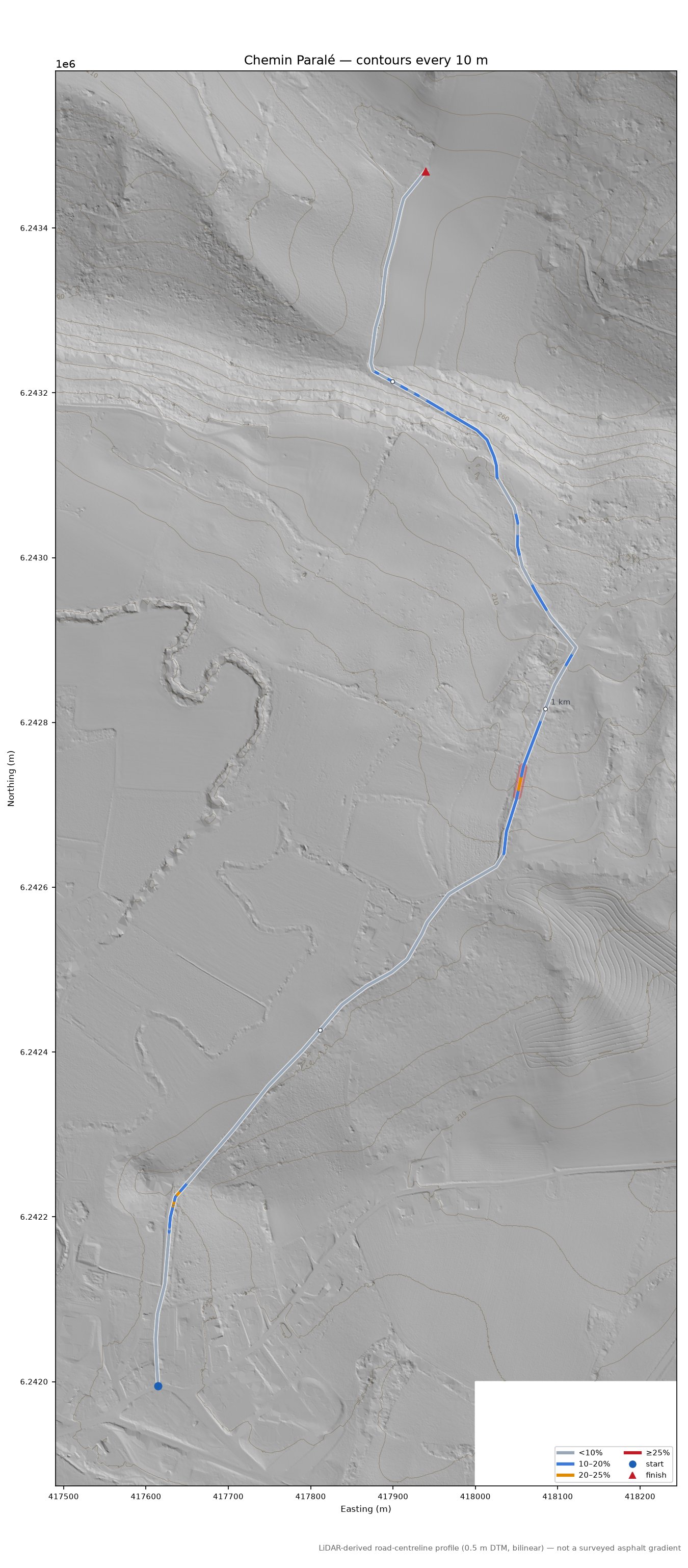 Chemin Paralé LiDAR hillshade map with contours