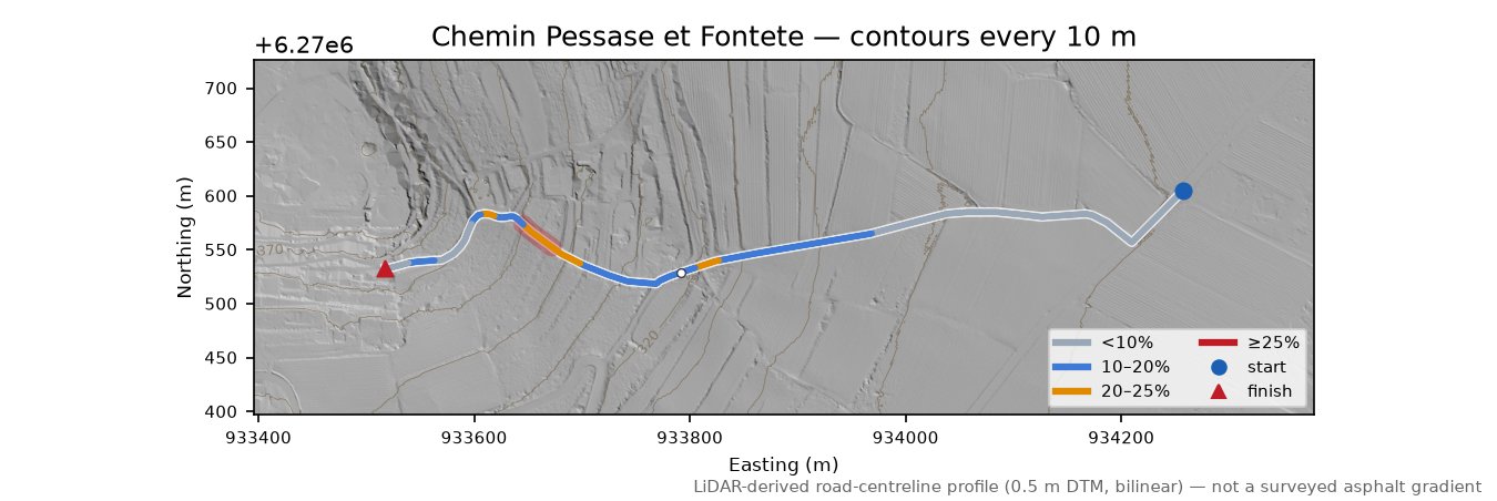 Chemin Pessase et Fontete LiDAR hillshade map with contours