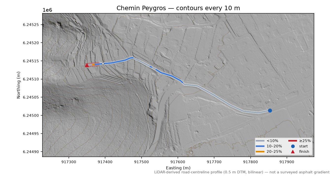 Chemin Peygros LiDAR hillshade map with contours
