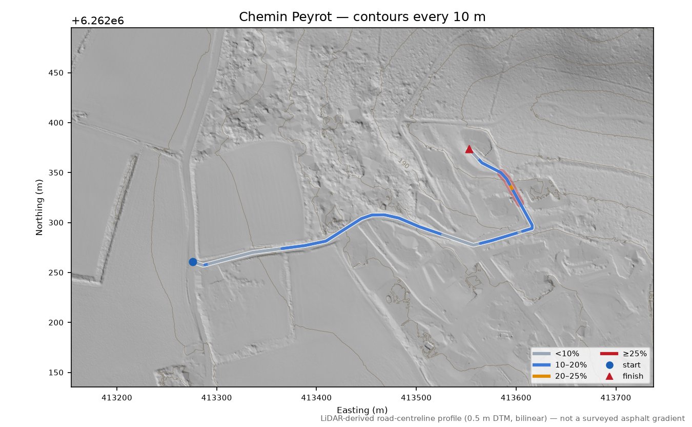 Chemin Peyrot LiDAR hillshade map with contours