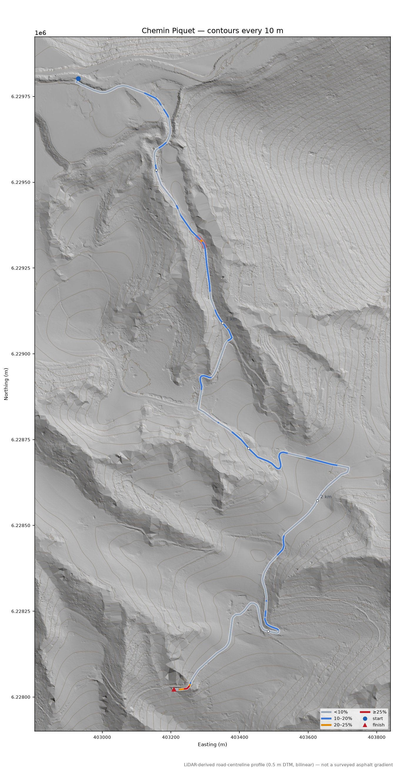 Chemin Piquet LiDAR hillshade map with contours
