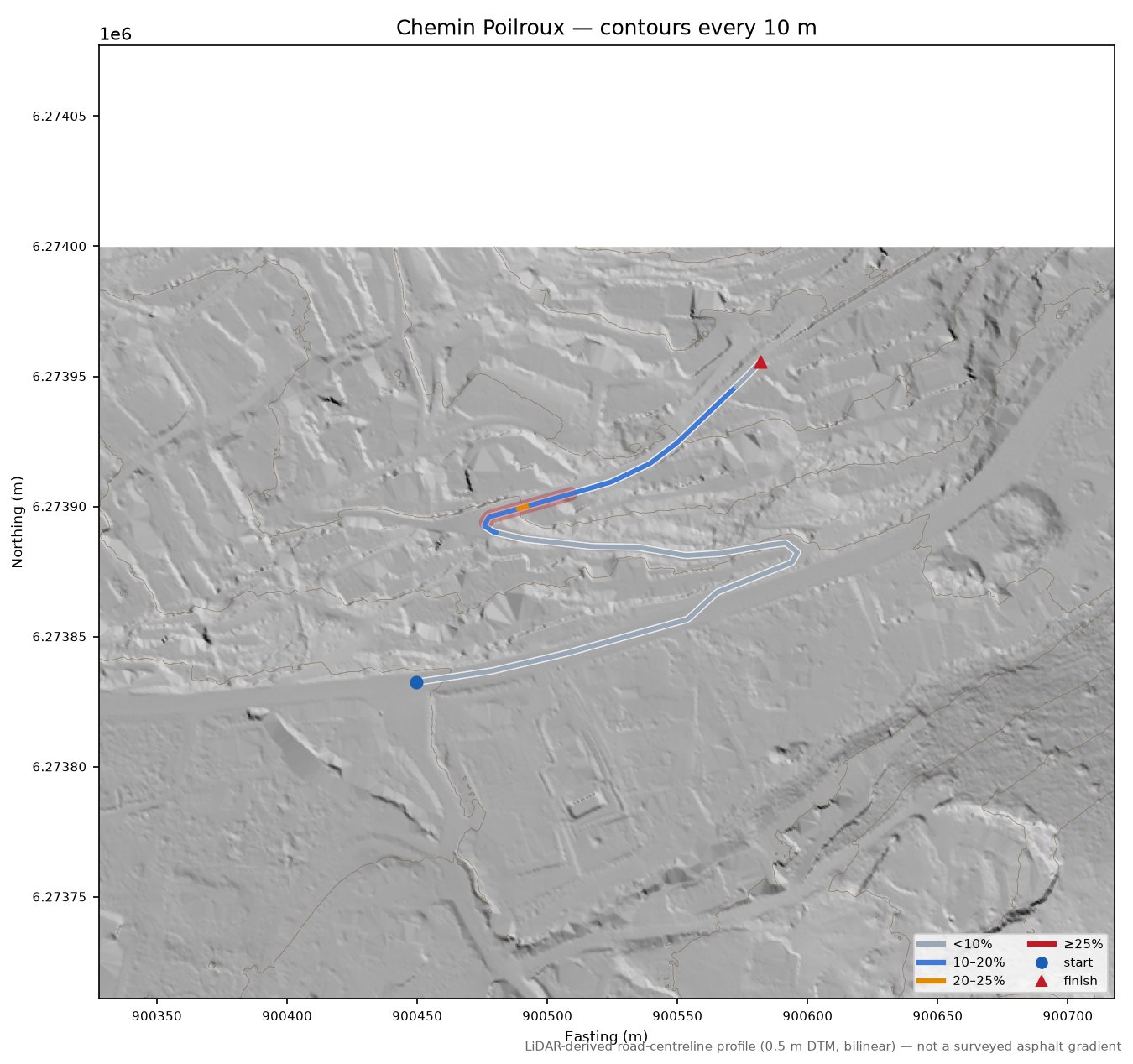 Chemin Poilroux LiDAR hillshade map with contours