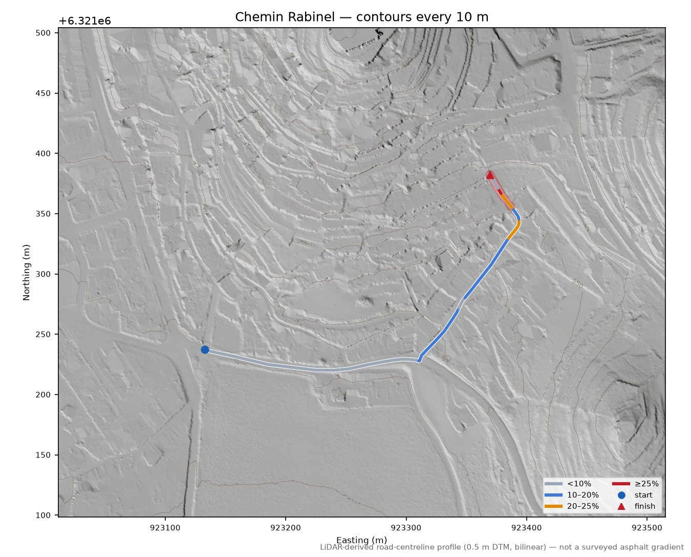Chemin Rabinel LiDAR hillshade map with contours
