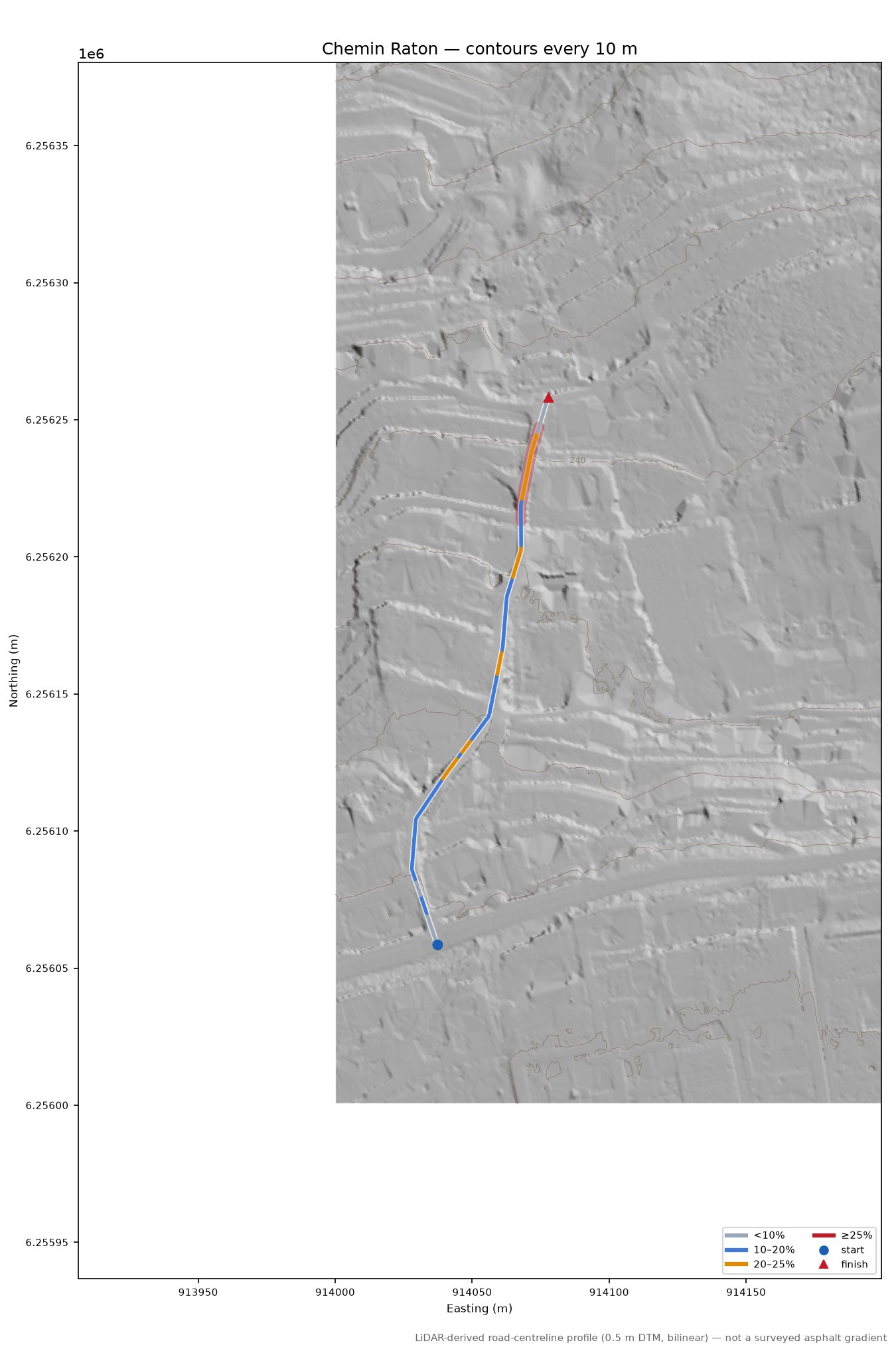 Chemin Raton LiDAR hillshade map with contours