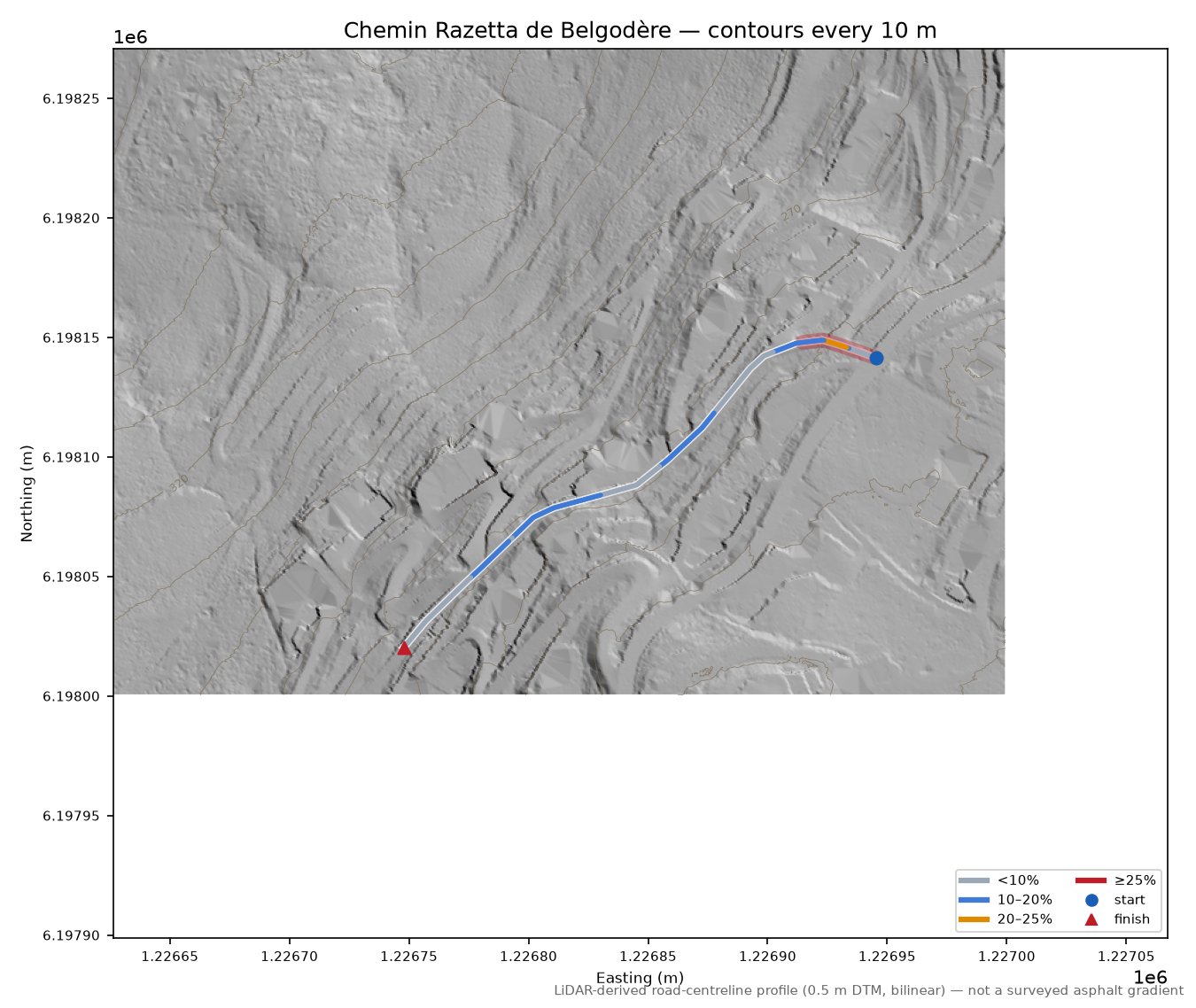 Chemin Razetta de Belgodère LiDAR hillshade map with contours