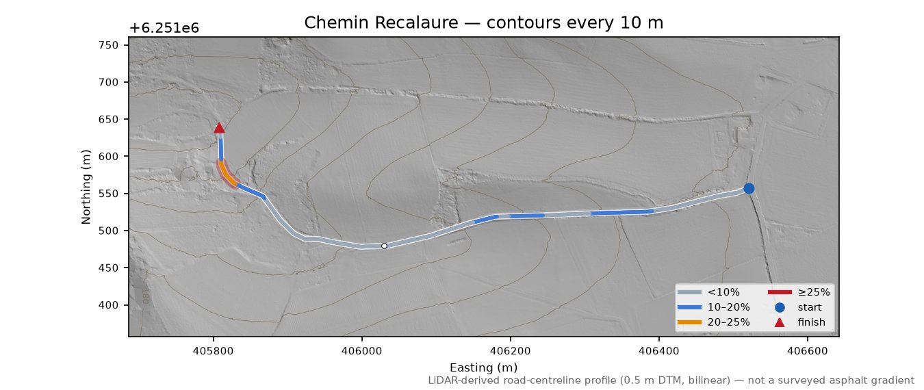 Chemin Recalaure LiDAR hillshade map with contours