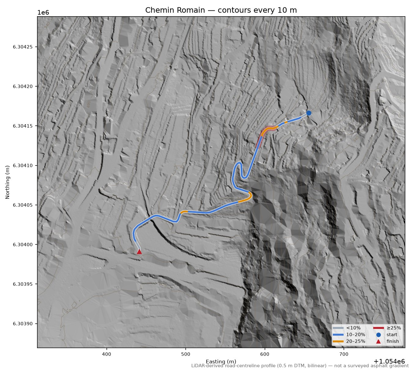 Chemin Romain LiDAR hillshade map with contours