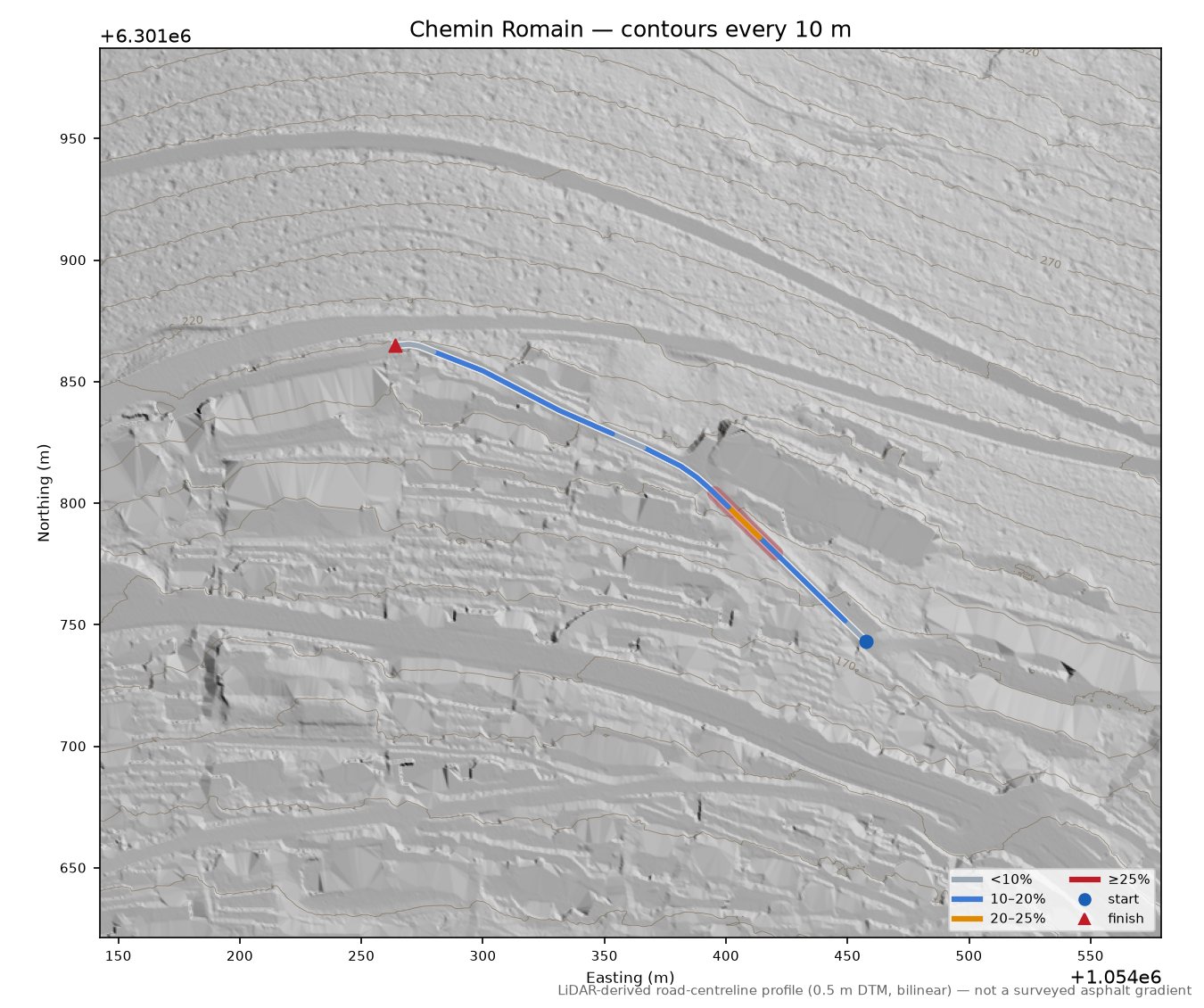Chemin Romain LiDAR hillshade map with contours