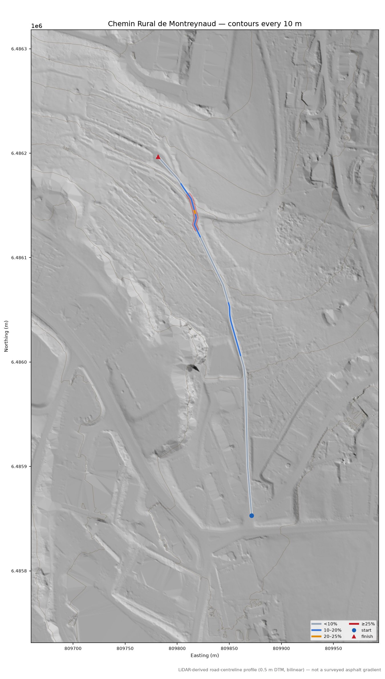 Chemin Rural de Montreynaud LiDAR hillshade map with contours
