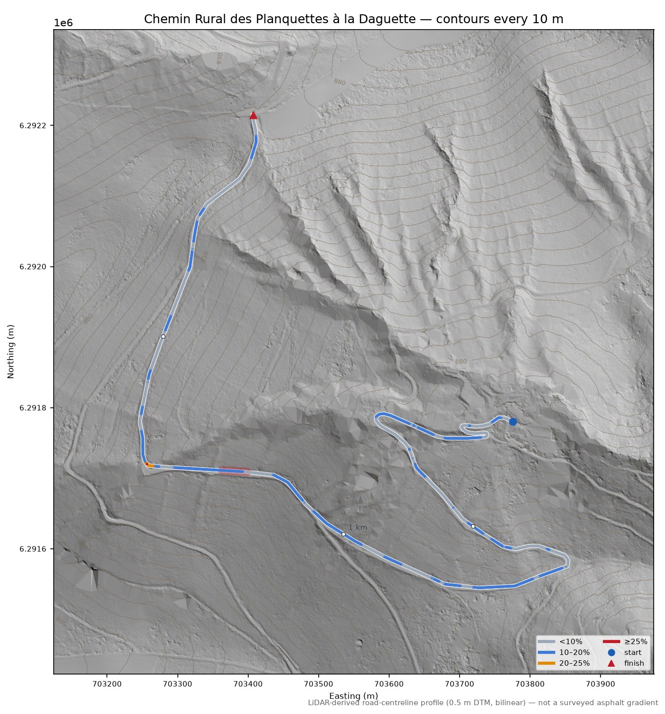 Chemin Rural des Planquettes à la Daguette LiDAR hillshade map with contours