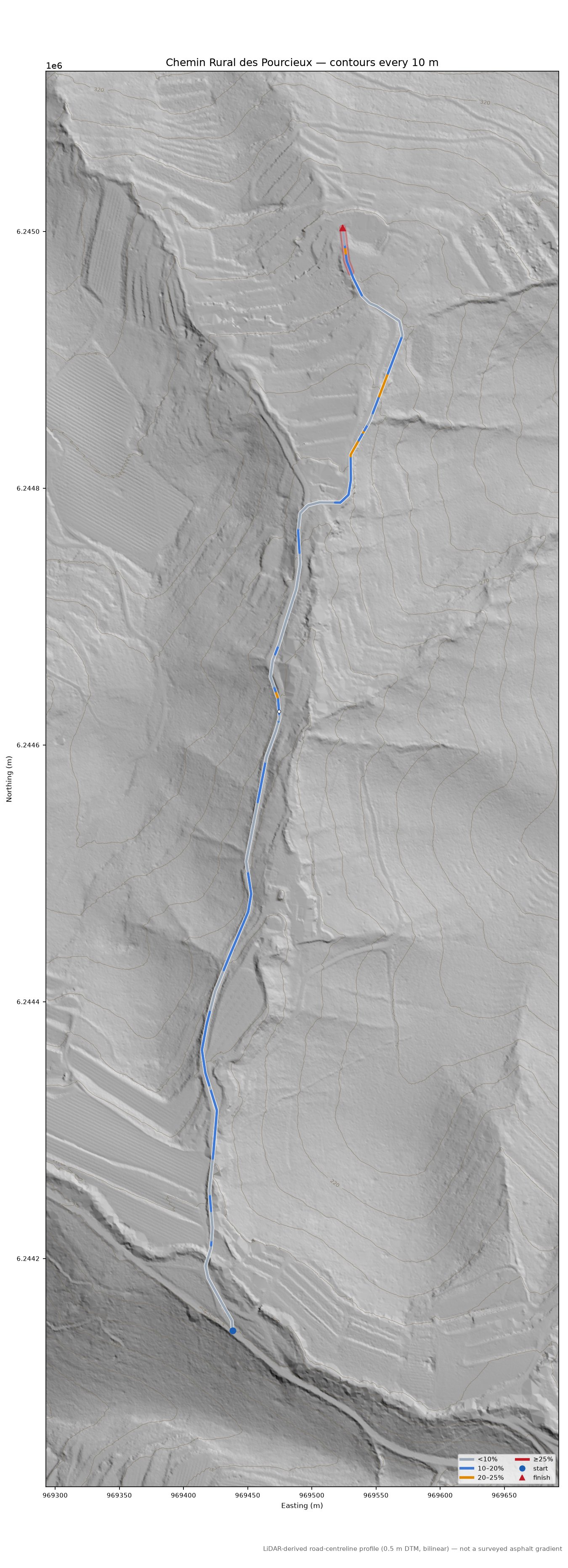 Chemin Rural des Pourcieux LiDAR hillshade map with contours