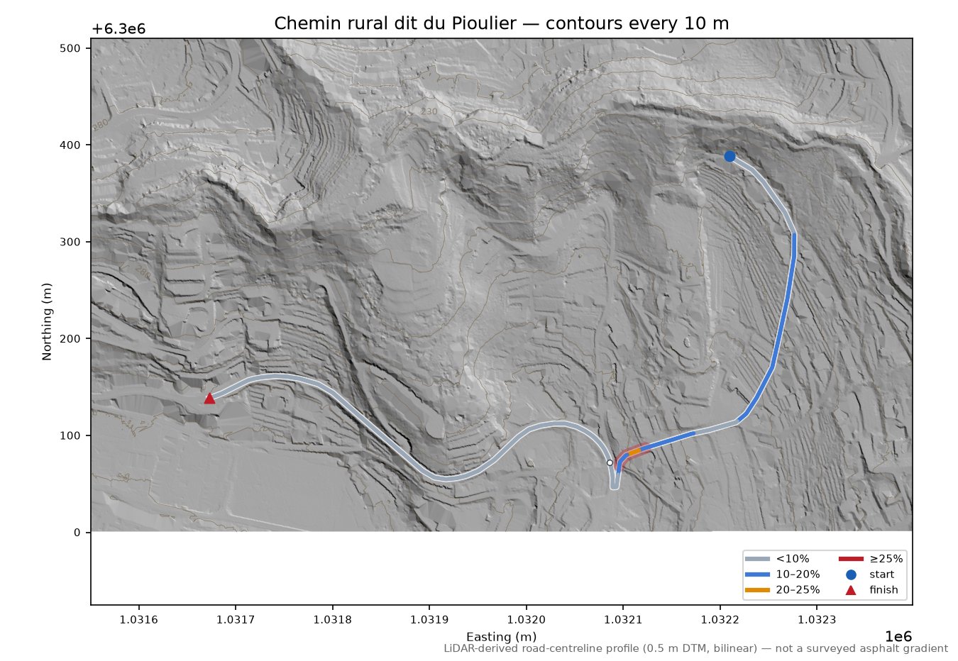 Chemin rural dit du Pioulier LiDAR hillshade map with contours