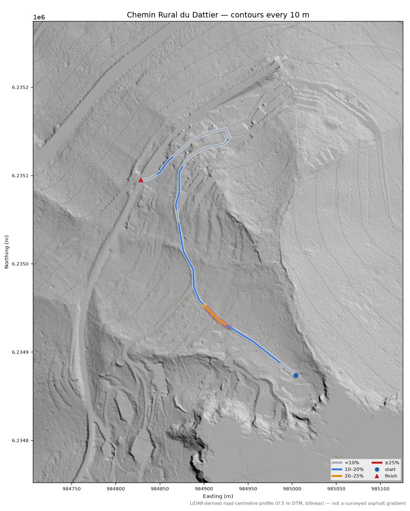 Chemin Rural du Dattier LiDAR hillshade map with contours
