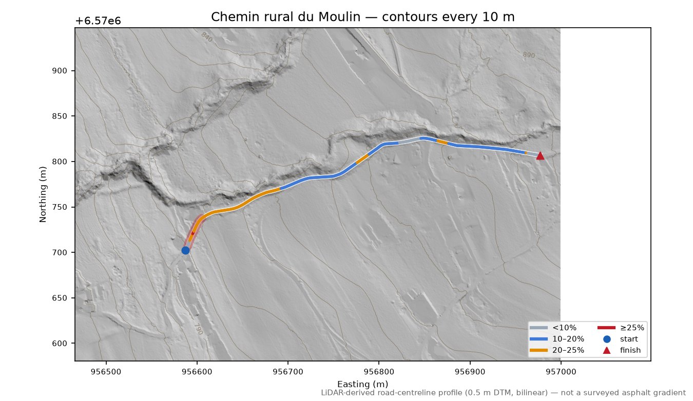 Chemin rural du Moulin LiDAR hillshade map with contours