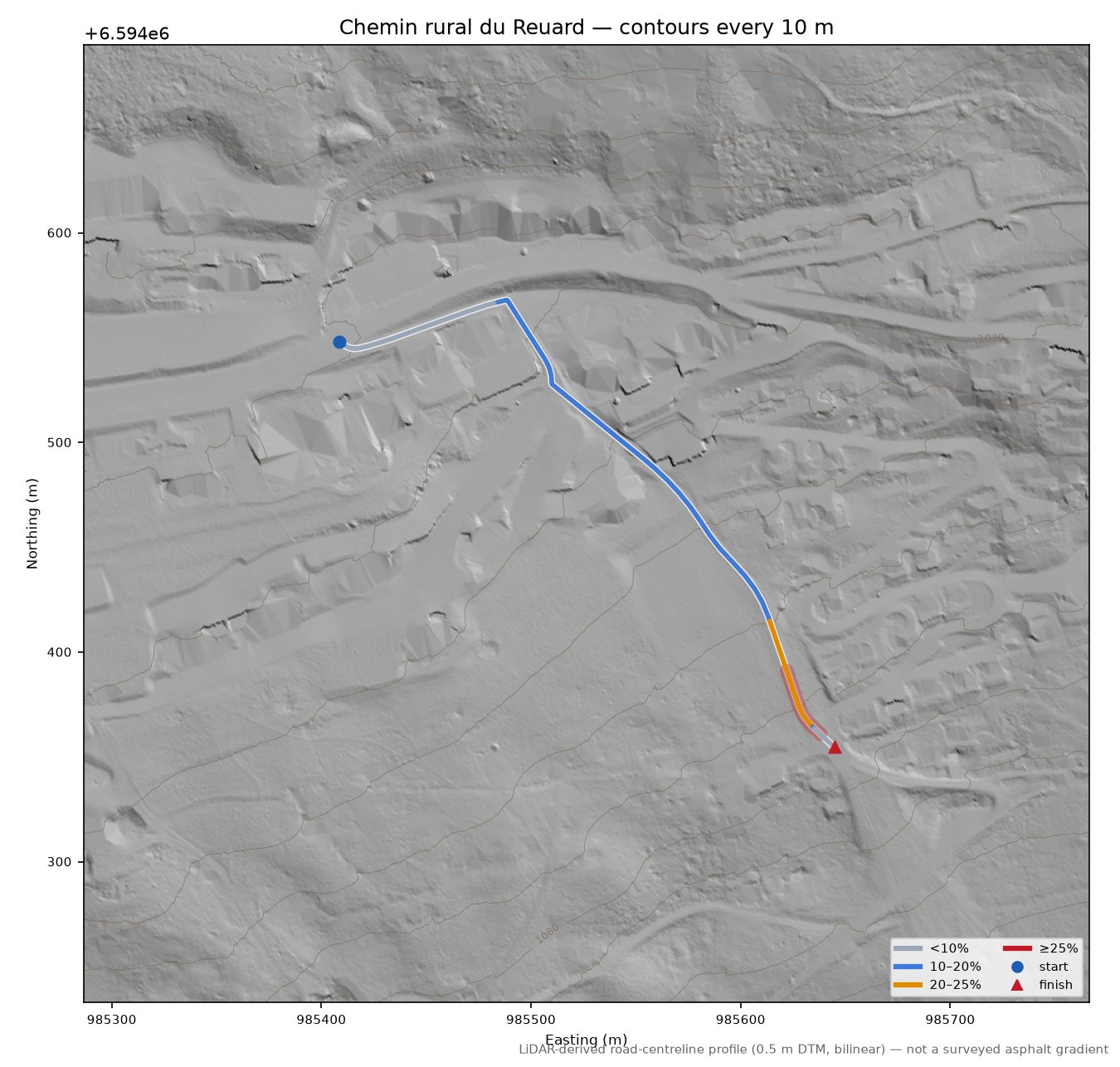 Chemin rural du Reuard LiDAR hillshade map with contours
