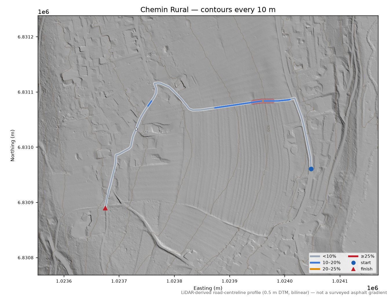 Chemin Rural LiDAR hillshade map with contours