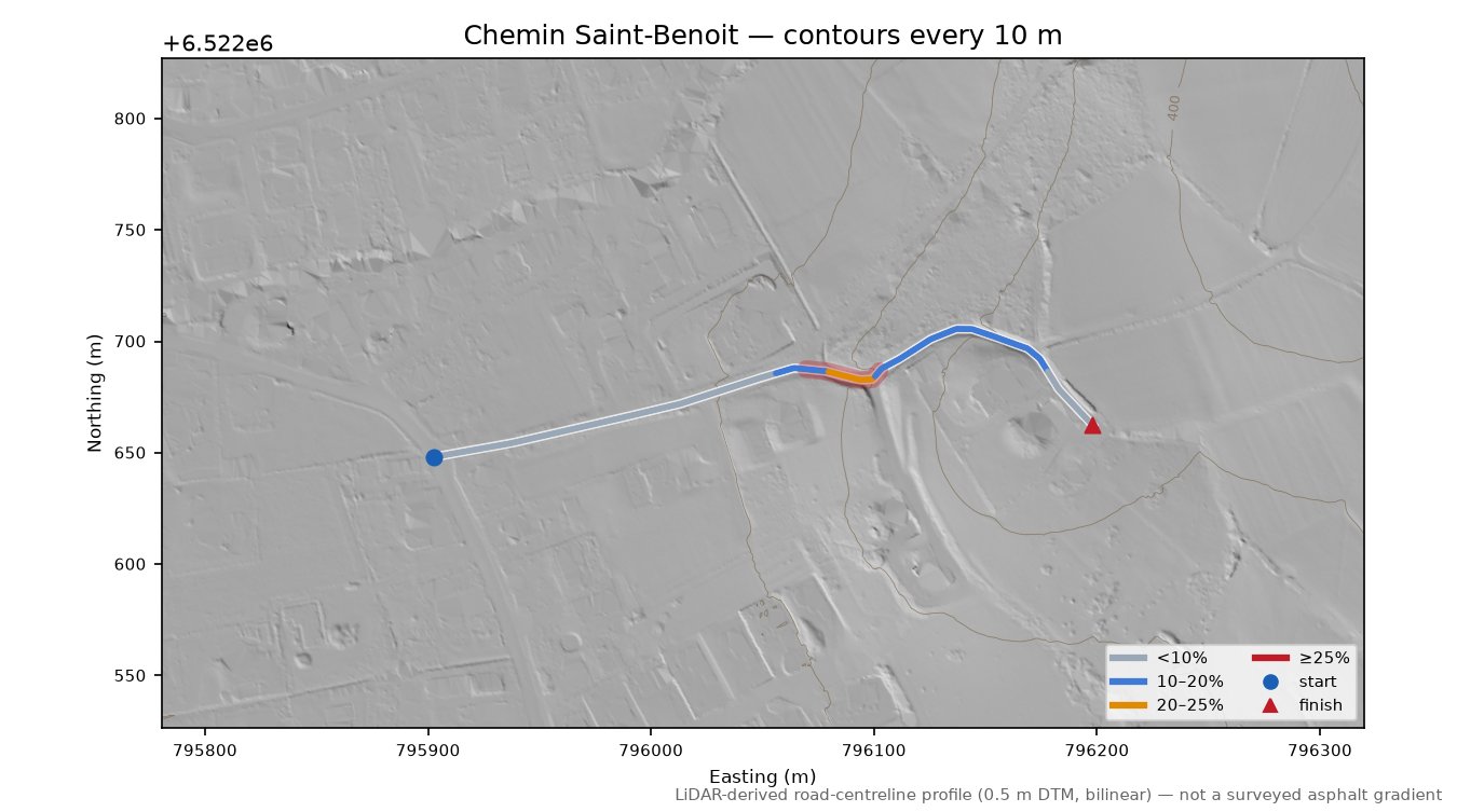 Chemin Saint-Benoit LiDAR hillshade map with contours