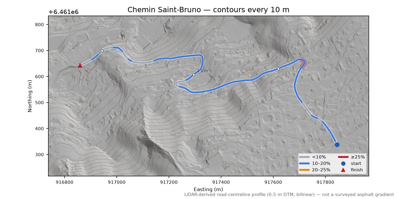 Chemin Saint-Bruno LiDAR hillshade map with contours