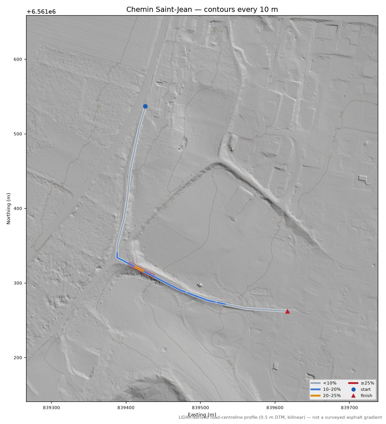 Chemin Saint-Jean LiDAR hillshade map with contours