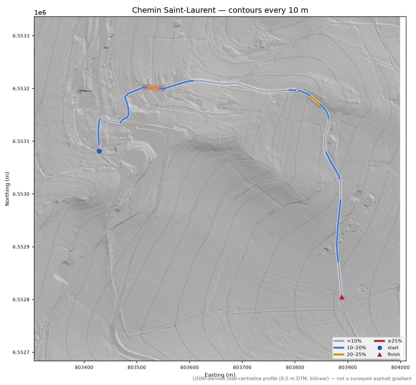 Chemin Saint-Laurent LiDAR hillshade map with contours