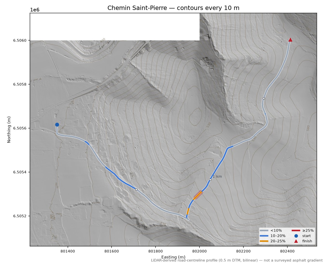 Chemin Saint-Pierre LiDAR hillshade map with contours